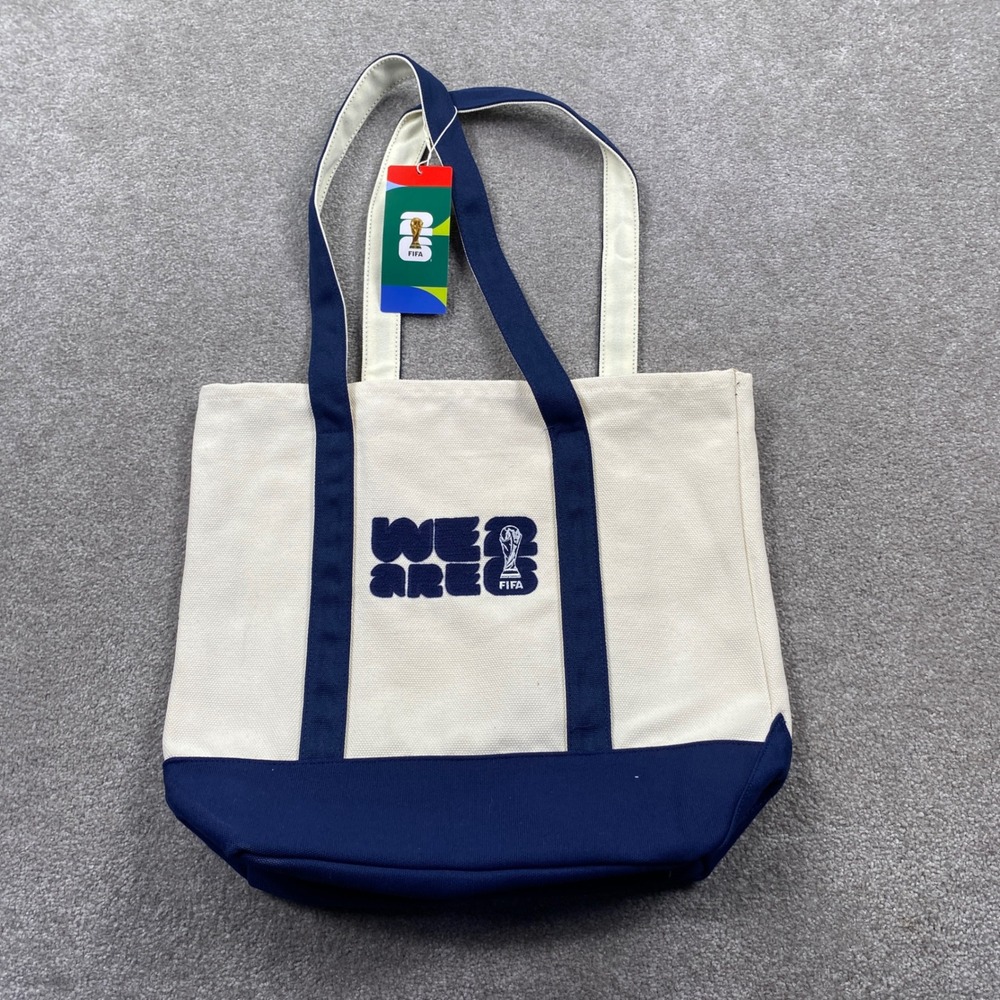 FIFA World Cup 2026 Tote Bag Large Cream Navy Canvas Chenille Patch